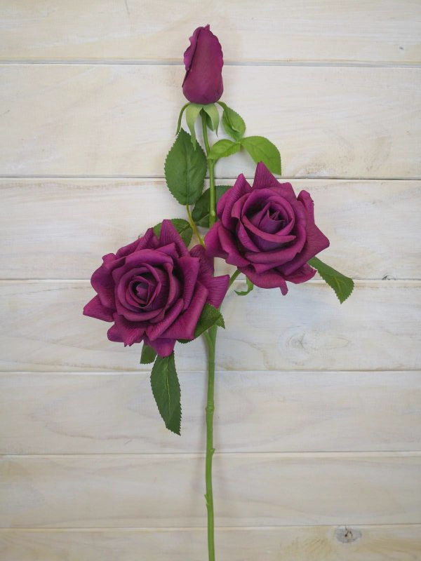 Lifelike purple rose stem featuring two flowers and a bud, perfect for elegant decor or anniversaries.