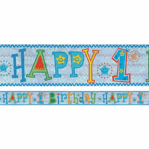 Vibrant Happy 1st Birthday boy foil banner, 2.7m long with holographic design, perfect for festive celebrations.