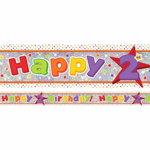 Vibrant holographic foil banner reading "Happy 2nd Birthday," perfect for decorating festive birthday celebrations.