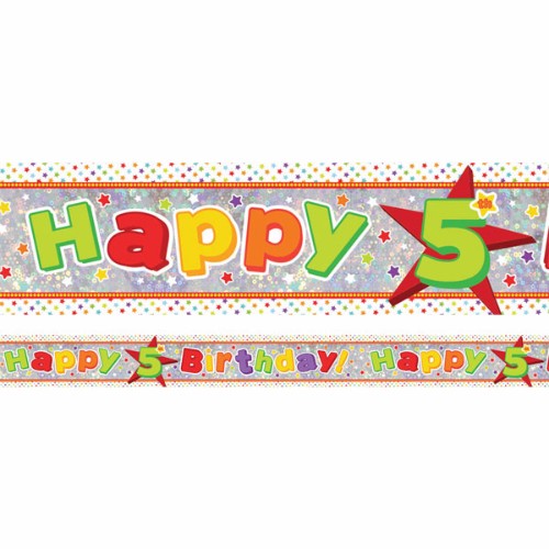 Vibrant holographic foil banner reading "Happy 5th Birthday," 2.7m long, perfect for festive celebrations and decorations.