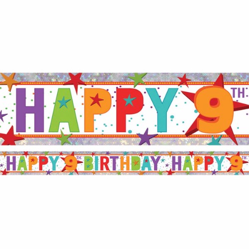 Holographic “Happy 9th Birthday” foil banner, 2.7m long, adds sparkle to any celebration, repeating festive message three times.