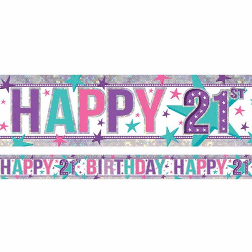 Holographic Happy 21st Birthday Girl foil banner, 2.7m x 13cm, vibrant design perfect for festive party decor.