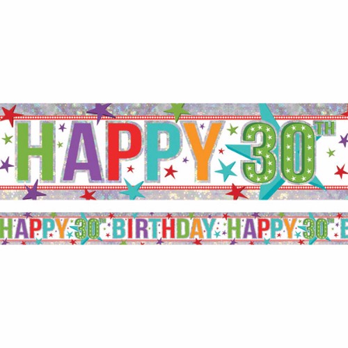 Holographic Happy 30th Birthday foil banner, 2.7m long, vibrant design perfect for festive celebrations.