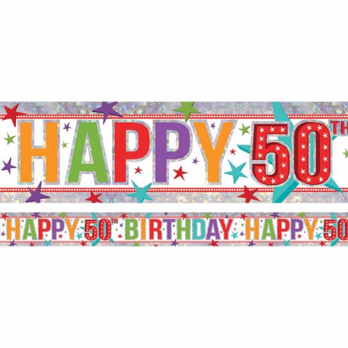 Holographic 50th birthday foil banner, 2.7m long, vibrant design repeats for perfect party decoration.