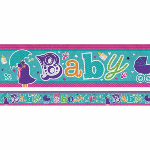Holographic foil banner for baby showers, 2.7m x 13cm, featuring vibrant design perfect for festive celebrations.