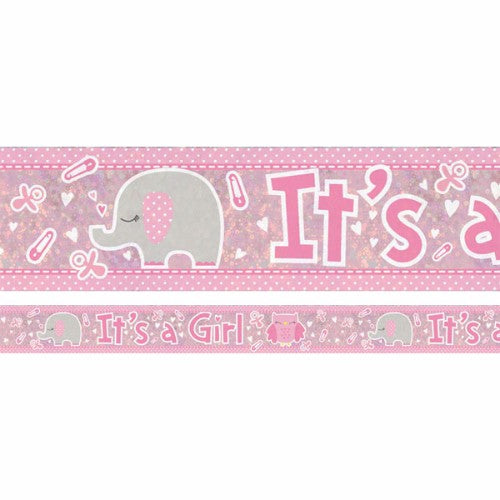 Holographic "It's a Girl" banner with adorable animals, perfect for baby showers and gender reveal parties, 2.7m long.