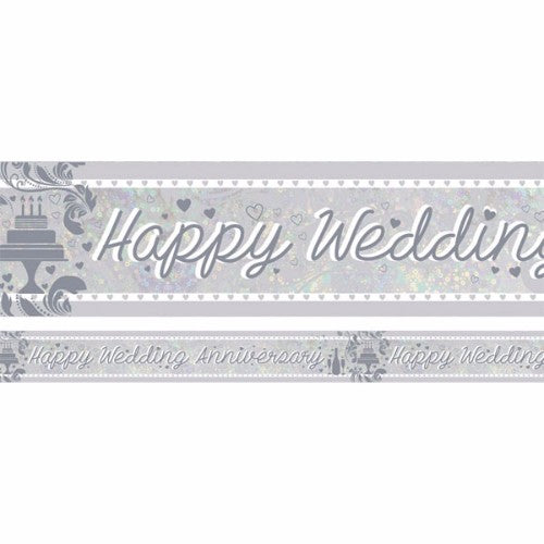 Holographic "Happy Wedding Anniversary" foil banner, 2.7m x 13cm, elegant repeat design for unforgettable celebrations.
