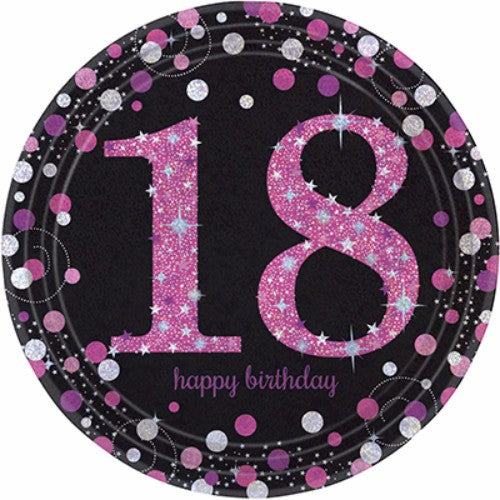 Sparkling Pink 18 Happy Birthday Dinner Plates, vibrant pink and silver design, perfect for stylish birthday celebrations.