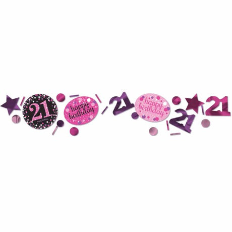 Sparkling Pink 21 Happy Birthday Confetti pack featuring pink, purple, black, and silver pieces for festive celebrations.