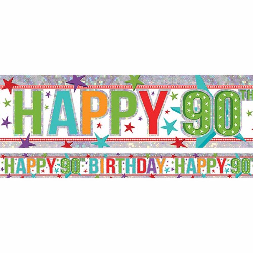 Vibrant holographic "Happy 90th Birthday" foil banner, 2.7m long, perfect for festive celebrations and durable for indoor/outdoor use.