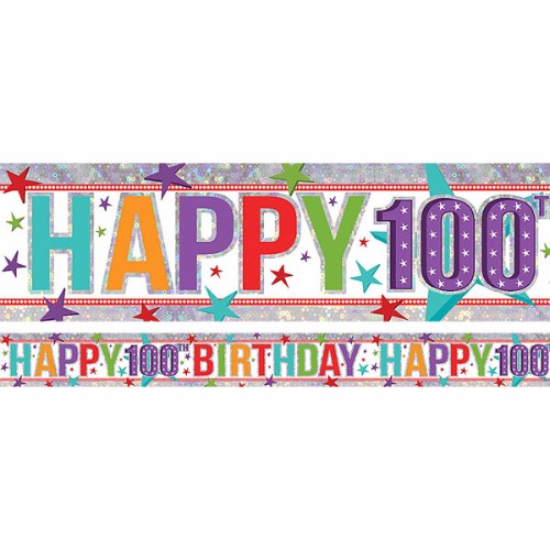 Holographic foil banner celebrating a 100th birthday, 2.7m long, vibrant design for festive decor at any celebration.