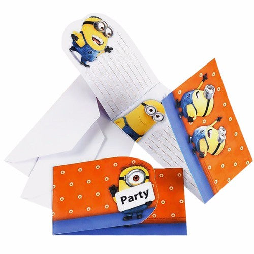 Brightly colored Minions-themed invitations and envelopes, perfect for inviting friends to a fun birthday celebration.