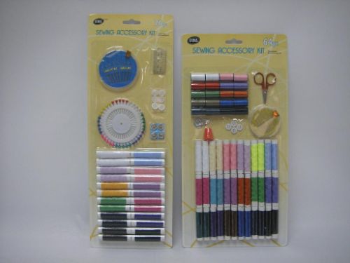 Set of 2 assorted sewing kits with vibrant threads, needles, fabric pieces, and tools for all crafting enthusiasts.