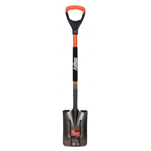 Agboss Post Shovel with Square Blade, designed for easy digging, durable fiberglass handle, and heat-tempered steel head.