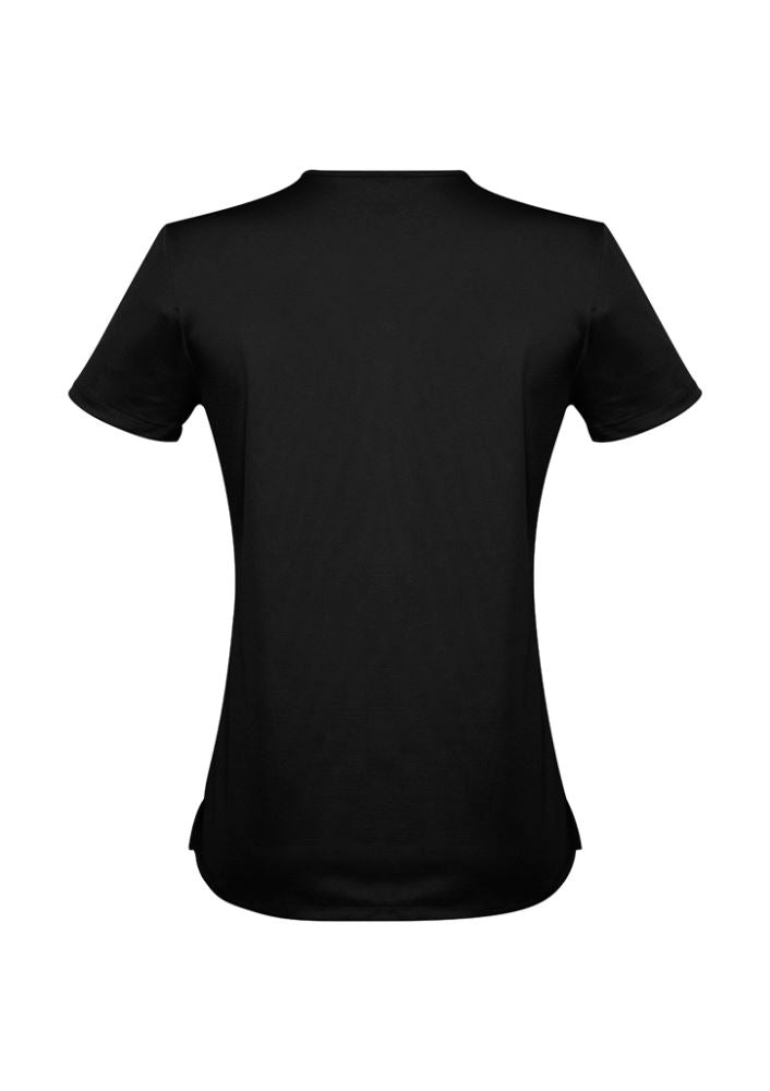 Advatex Ladies Mae Black Short Sleeve Knit Top, featuring a V-neck, Y-tab front, and lightweight antimicrobial fabric.