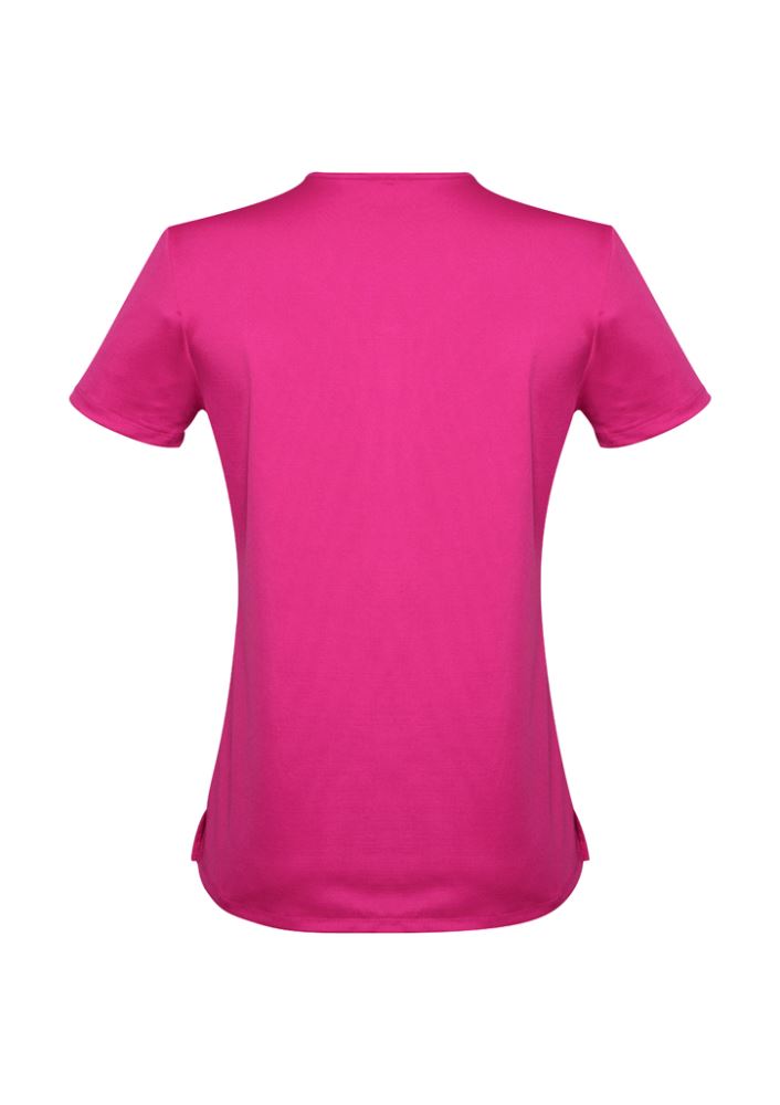 Pink semi-fitted short sleeve knit top with a curved V-neck, ideal for versatile styling in professional and casual settings.
