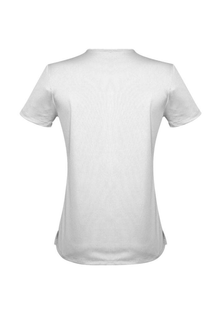 White Advatex Ladies Mae Short Sleeve Knit Top featuring a 'V' neck and 'Y' front tab, ideal for casual or business wear.