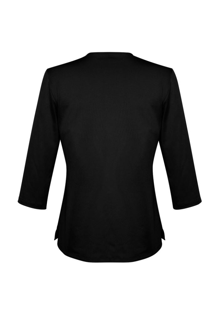 Black 3/4 sleeve knit top with keyhole front, crafted from antimicrobial fabric for comfort and breathability, ideal for any occasion.