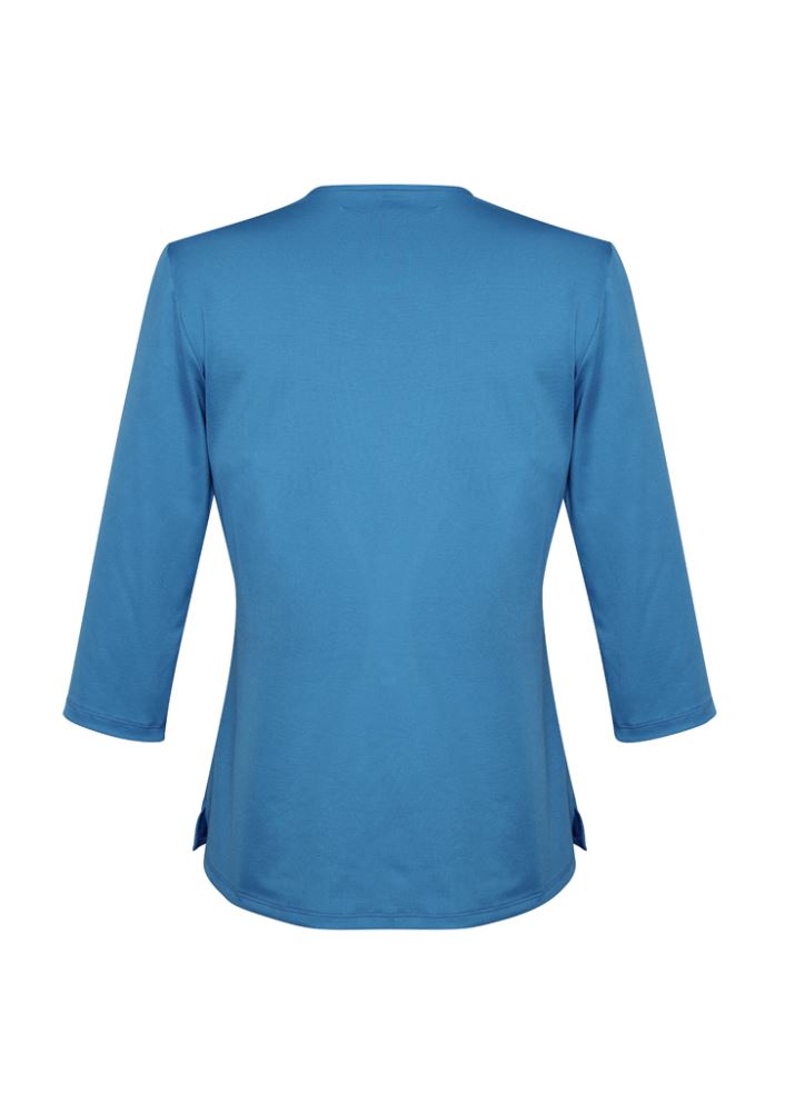 Advatex Ladies Abby Blue Knit Top size 4 featuring 3/4 sleeves, keyhole front, antimicrobial fabric, and semi-fitted style.