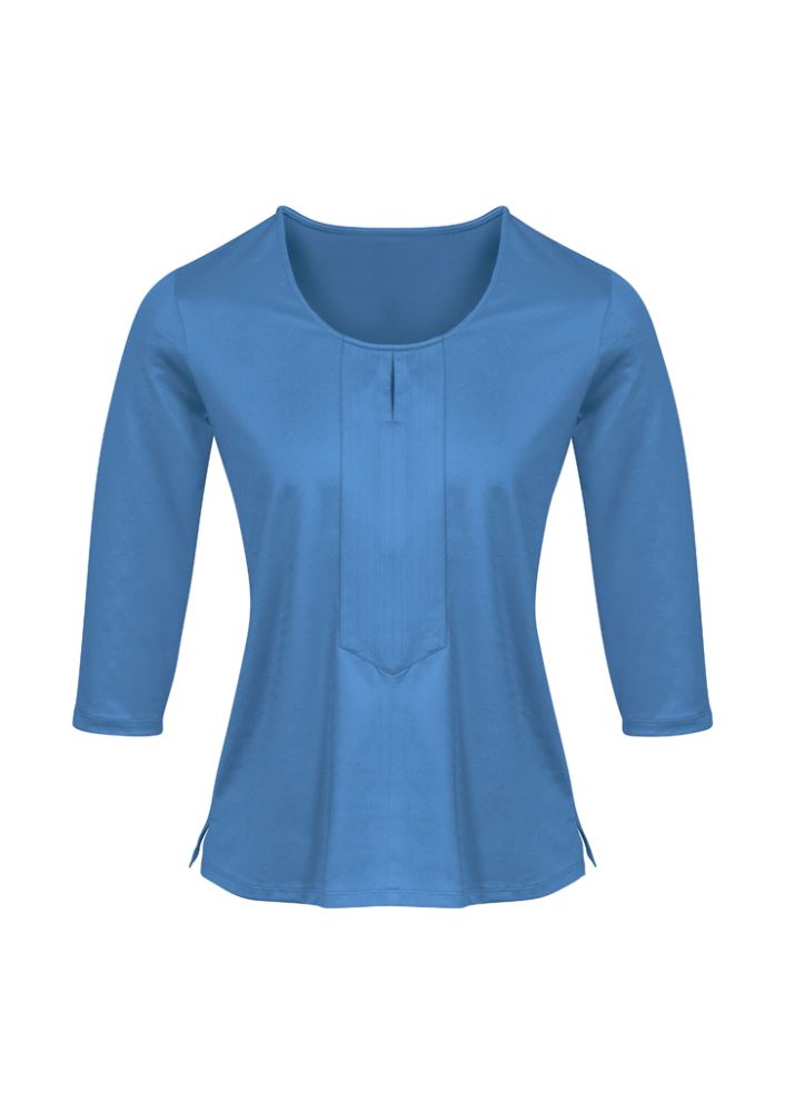 Advatex Ladies Abby 3/4 sleeve knit top in blue, featuring a flattering semi-fitted design and keyhole tab detail for versatile style.