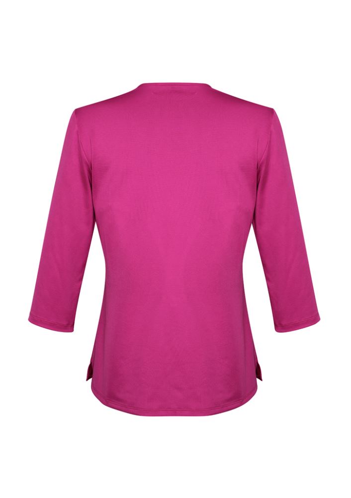 Bright melon 3/4 sleeve knit top featuring a semi-fitted silhouette and elegant keyhole front, perfect for casual or professional wear.