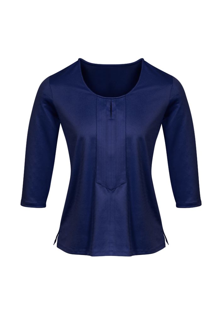 Patriot Blue 3/4 sleeve knit top for women, featuring a keyhole front, semi-fitted style, and durable antimicrobial fabric.