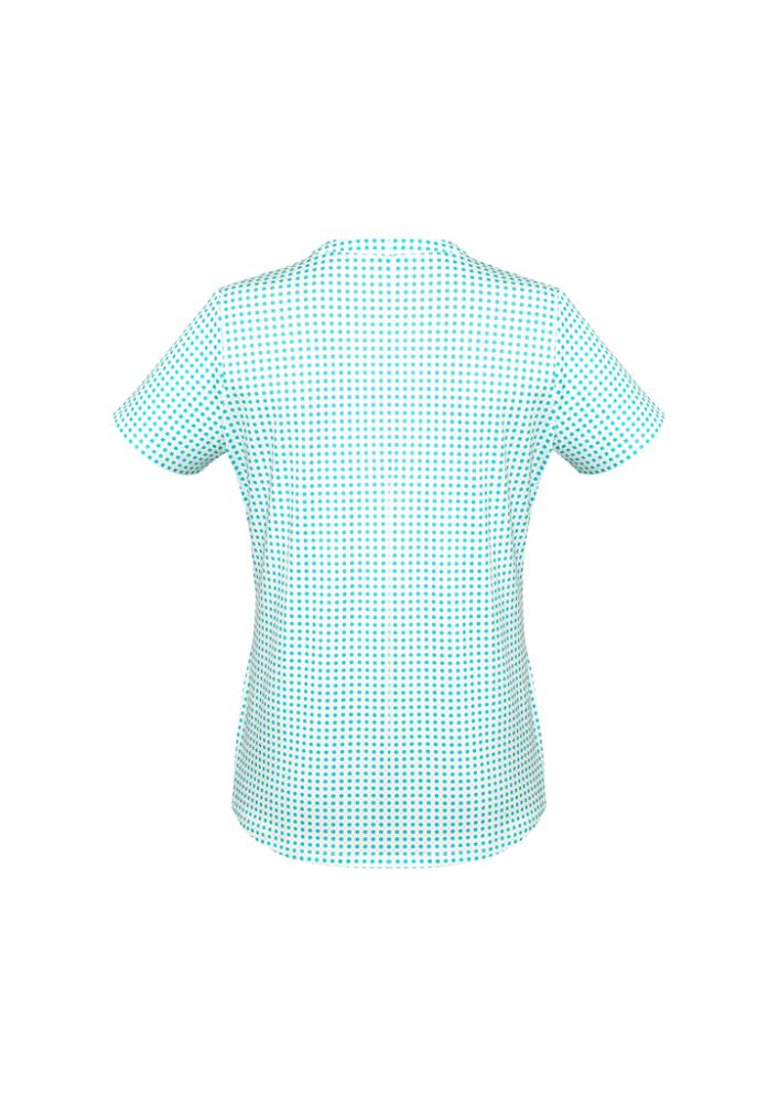 Sandy linear pleat knit top in Dynasty Green, featuring a semi-fitted design and unique link print for stylish comfort.