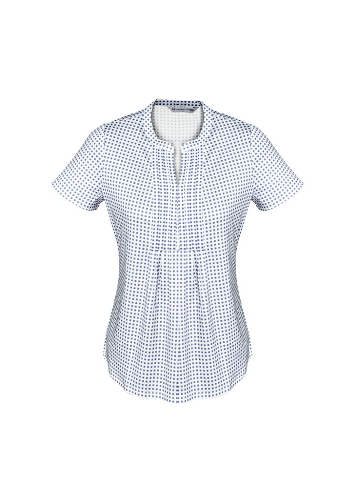 Navy pleat knit top for women, featuring a semi-fitted design and breathable stretch fabric, ideal for versatile styling.