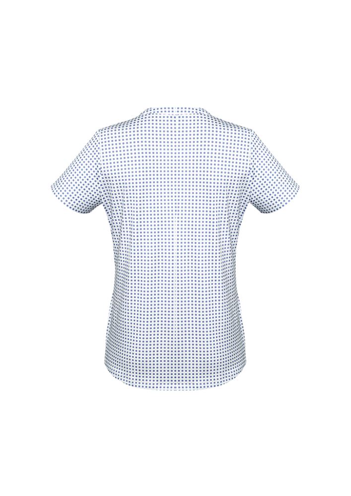 Navy pleat front knit top for women, featuring a semi-fitted design and antimicrobial fabric for style and comfort.