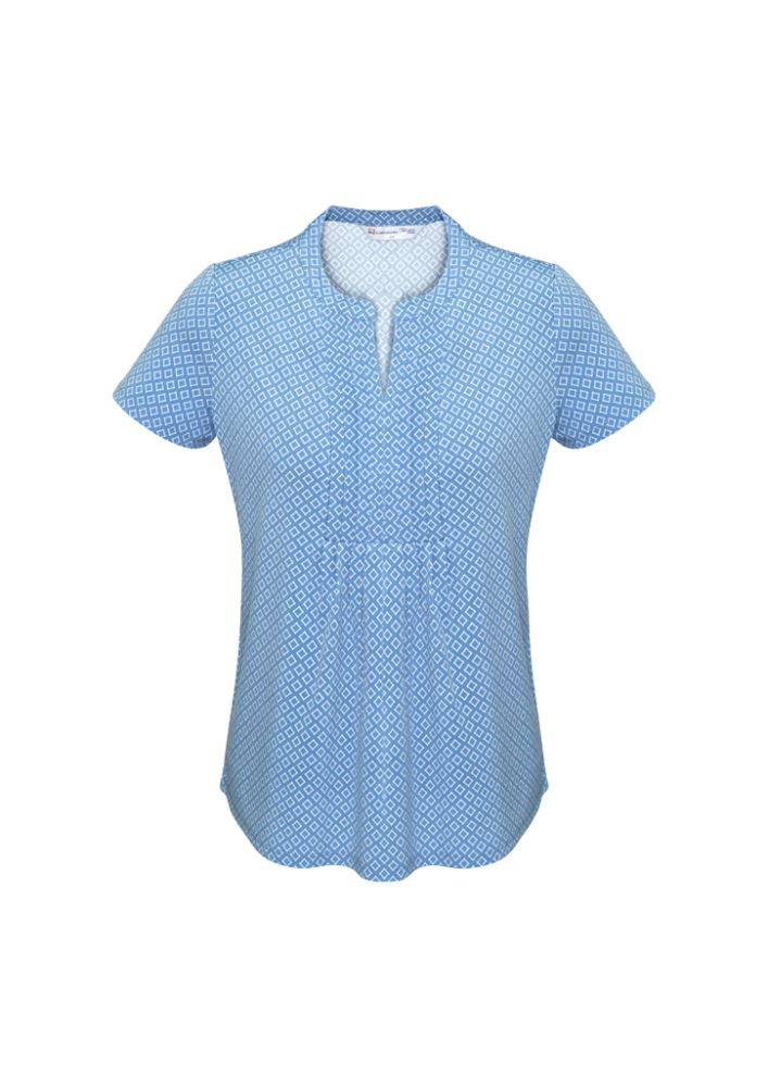 Advatex Ladies Ella Knit Top in Delta Blue with diamond pleat detail, lightweight fabric, and antimicrobial properties.