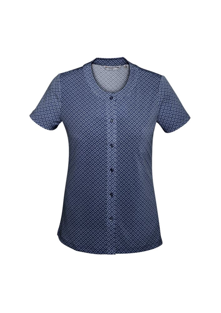 Navy semi-fitted button knit top with diamond design, crafted from antimicrobial fabric for comfort and style in size 18.