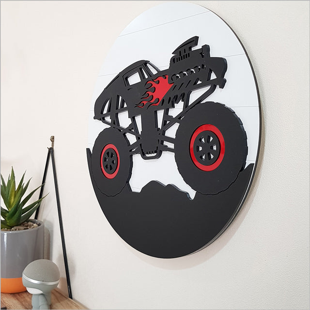 ACM Circle Hot Rod Monster Truck wall art, 30cm, perfect for kids' rooms, featuring vibrant colors and easy hanging.