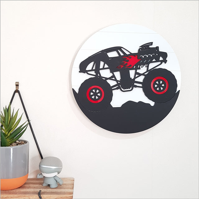 Colorful ACM circle wall art featuring a hot rod monster truck, perfect for children’s rooms and automotive enthusiasts.