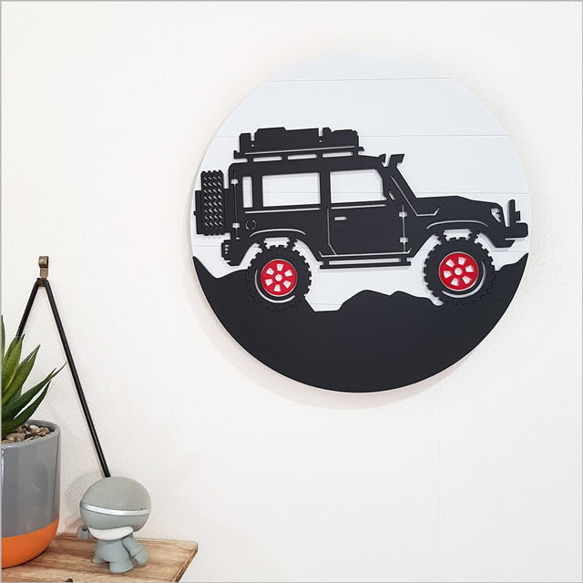 "ACM Circle Jeep wall art, 30cm diameter, perfect for nursery decor or enhancing bedroom aesthetics."