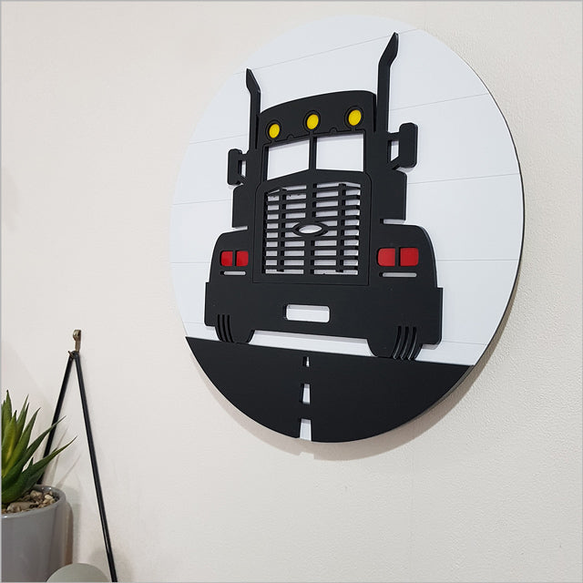 ACM Circle Big Rig Truck wall art, 30cm, perfect for nurseries and bedrooms, featuring a stylish big rig design.