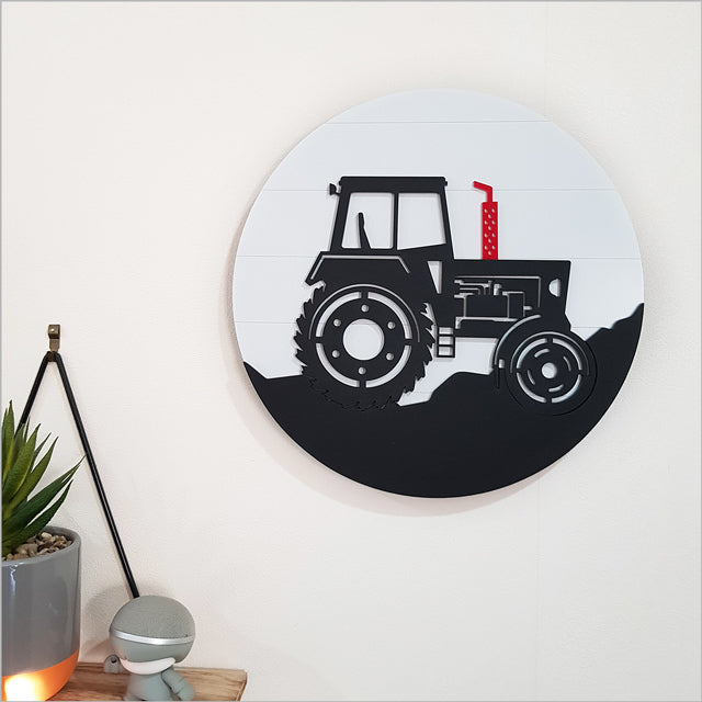 Vibrant 30cm ACM Circle Tractor wall art, perfect for children's nurseries and bedrooms, securely hangs with a built-in block.