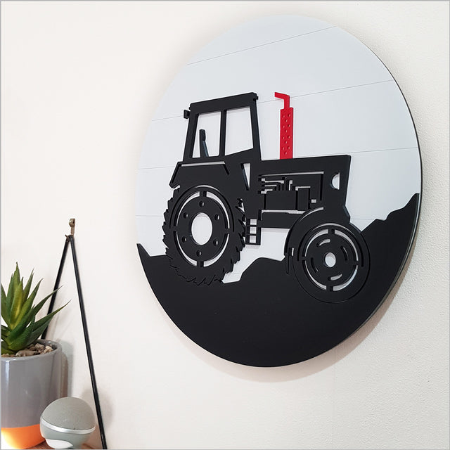 Colorful 30cm ACM Circle Tractor Wall Art, ideal for nurseries and bedrooms, featuring easy hanging and durable materials.