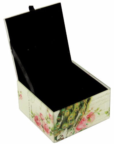 Elegant square Peacock Glass Box for jewelry storage, measuring 10x10x5.5cm, featuring a stunning peacock design.