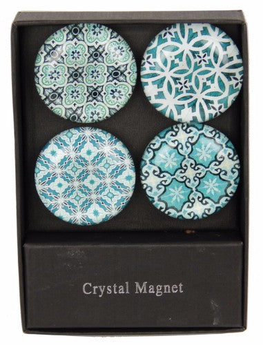 Set of 4 5CM Moroccan glass magnets with intricate blue designs, perfect for holding notes and enhancing home décor.