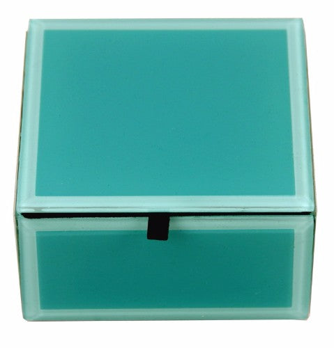 Aqua blue glass trinket box with felt lining, perfect for jewelry storage and elegant home decor. Size: 10 x 10 x 5.5 cm.