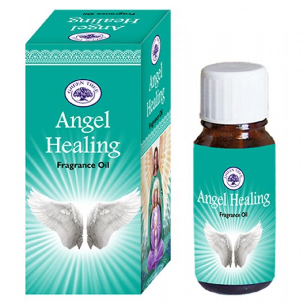10ml bottle of Green Tree Angel Healing Oil, a soothing blend for relaxation and spiritual wellness in oil burners and diffusers.