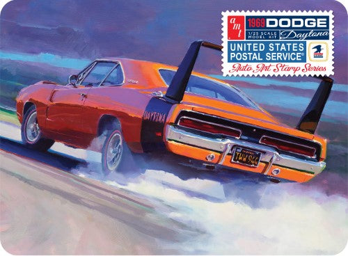 Detailed model kit of a '69 Dodge Charger Daytona with USPS stamp design, featuring 97 customizable parts for car enthusiasts.