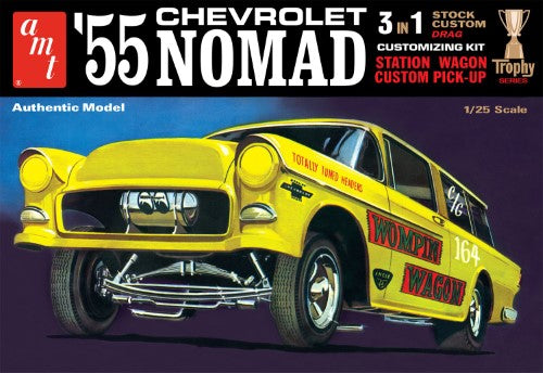 AMT 1/25 '55 Chevy Nomad model kit featuring over 140 detailed parts for stock, custom, or drag builds, perfect for collectors.