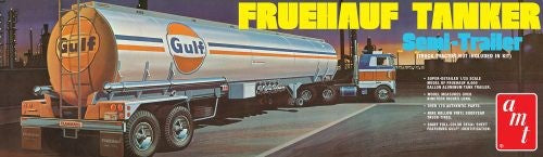 1/25 Fruehauf Gulf Tanker model kit featuring 174 detailed parts, realistic tandem suspension, and striking Gulf decals.