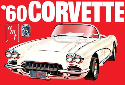 Model kit of a 1960 Chevrolet Corvette in 1:25 scale with V8 engine, customizable options, and vintage packaging.