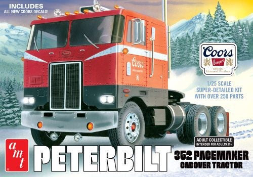 Detailed 1/25 scale model kit of Peterbilt 352 Pacemaker featuring over 250 parts, a supercharged engine, and vintage Coors decals.