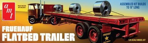 1/25 scale Fruehauf Flatbed Trailer model kit, featuring detailed parts, woodgrain flooring, and customizable decals for enthusiasts.
