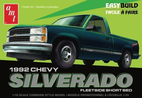 1/25 scale model kit of a '92 Chevy Silverado, featuring 43 parts, customizable options, and authentic detailing. Perfect for model enthusiasts.