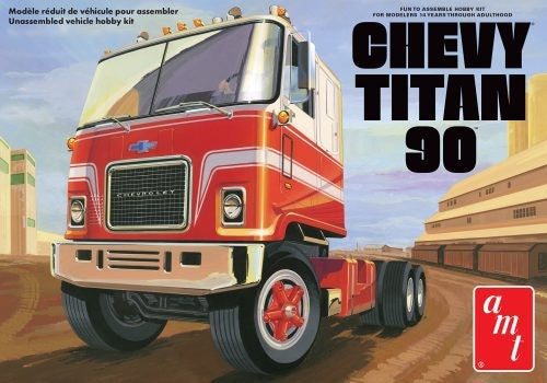 Detailed 1/25 scale model of a Chevy Titan 90 truck, 9.25 inches long, with over 250 parts and vibrant paint options.