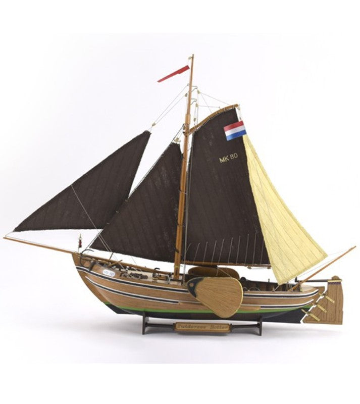 Detailed 1/35 scale model kit of the traditional Dutch Botter fishing boat, featuring hardwoods, hand-sewn sails, and laser-cut parts.